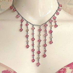 Vintage 80s Fuchsia Beaded Chandelier Necklace on Silver Chain with Lobster Clasp/Adjustable