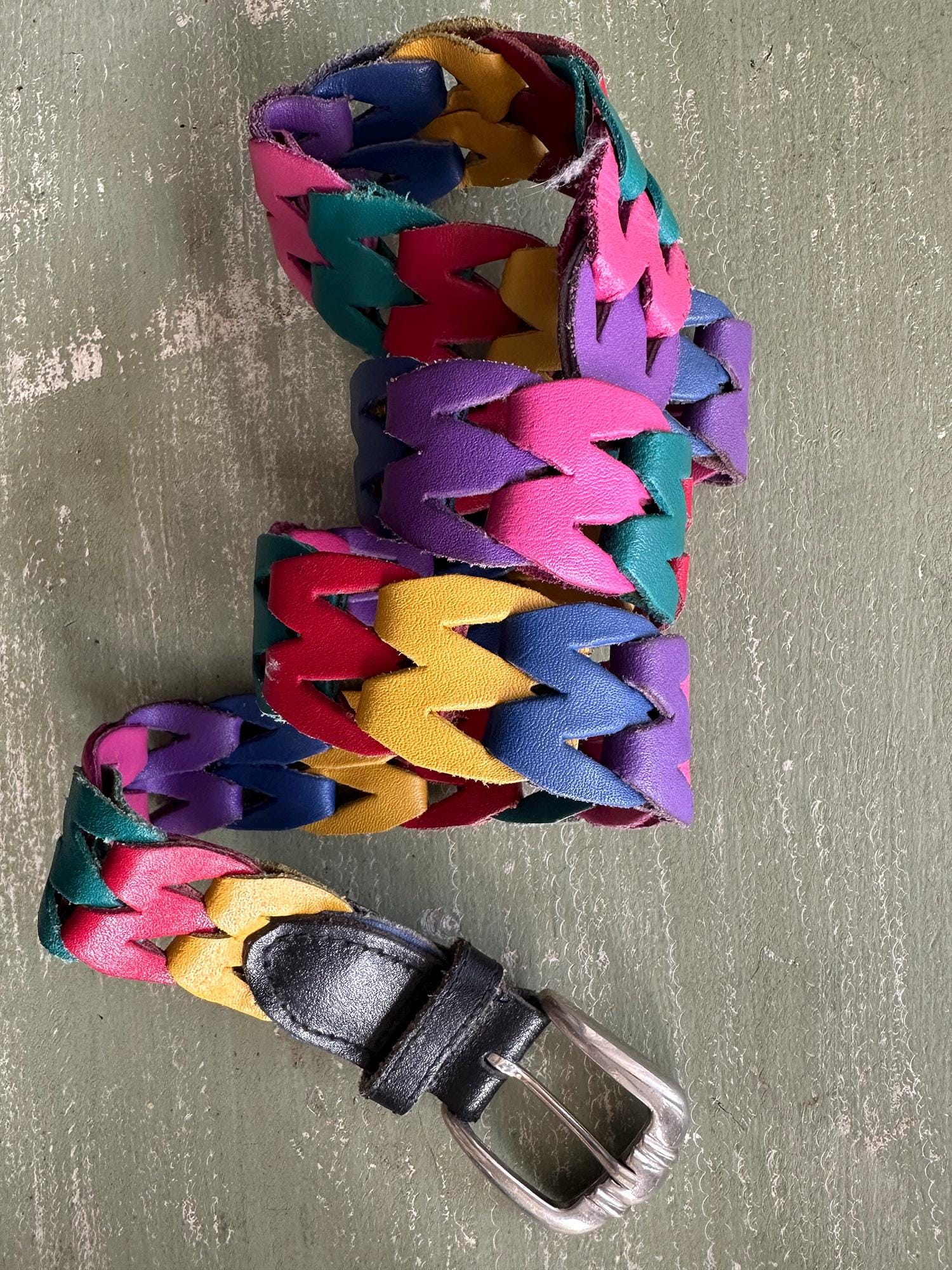Vintage 80s Rainbow Woven Leather Belt: Multi Color Chain  display picture 2