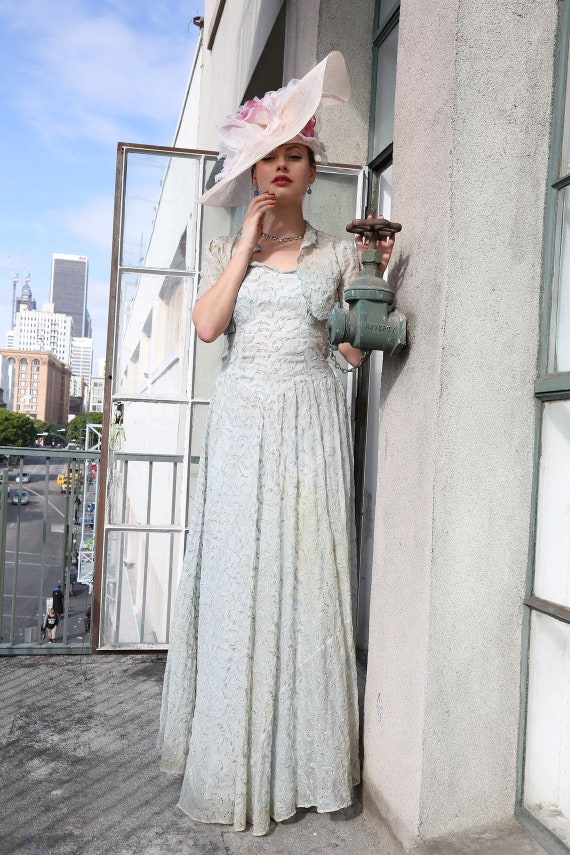 Vintage 1940s Blue Eyelet Sweetheart Goddess Dres… - image 7