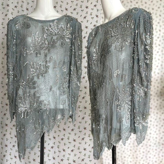 Vintage 80s Sequin Beaded Mini Dress: Teal Blue Silk Top - Etsy Israel