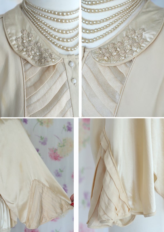 Antique 1930s Beige Satin Pleated Pearlized Bed J… - image 7