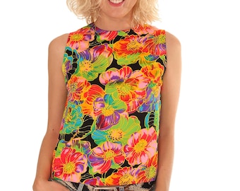 Vintage 70s Hand Made Black Bold Floral Sleeveless Top