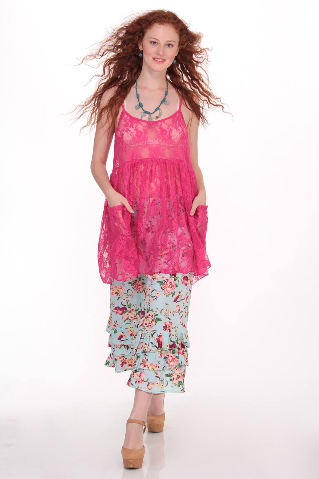 Fuchsia Pink Lace Babydoll Dress 