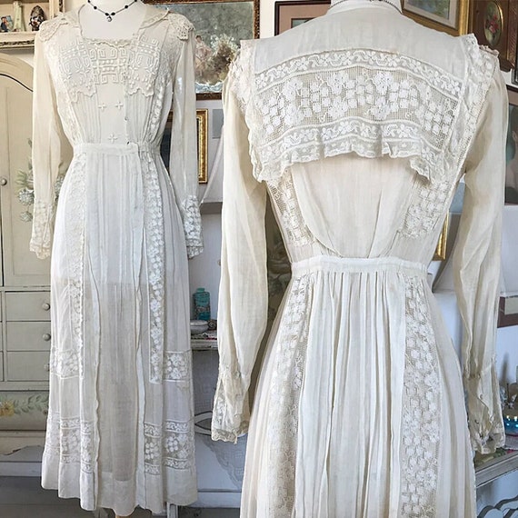 Antique Edwardian Netted Lace Embroidered Dress - image 1