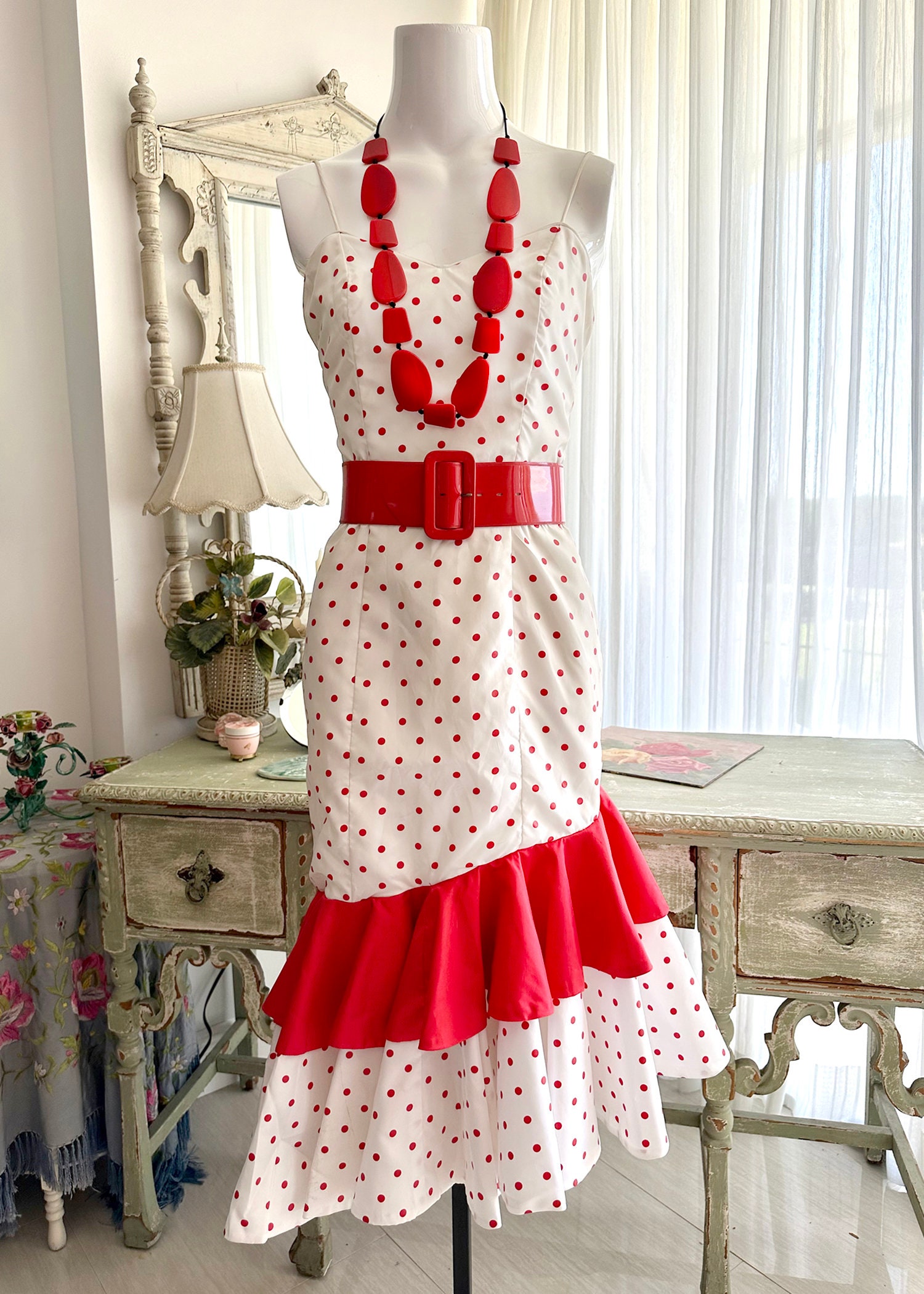 red and white frill dress