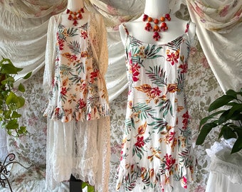 White Hawaiian Flower Print Ruffle Slip Dress or Top with Pockets, Hawaiian Flared Bottom Babydoll Slip Dress