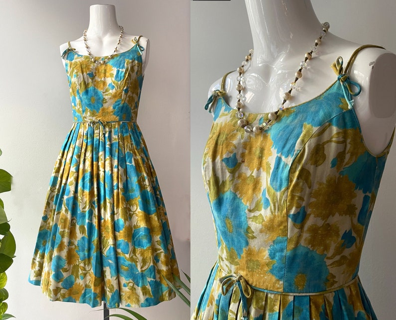 Vintage 1950s Sundress l 50s Turquoise and Gold Spaghetti Strap Fit ad Flare Full Skirt Day Dress image 1