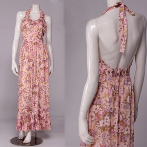 Vintage 70s Pink Floral Halter Maxi Dress: Open Back