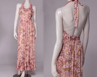 Vintage 70s Pink Floral Halter Low Back Maxi Dress