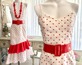 Vintage 80s Red & White Polka Dot Skinny Strap Dress Ruffle Dress - Spaghetti Straps Small
