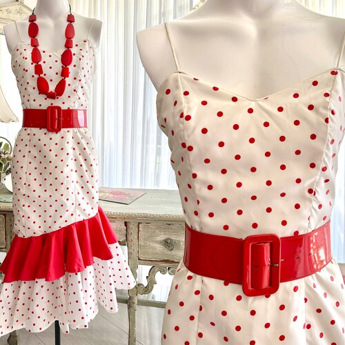 Vintage 80s Red & White Polka Dot Skinny Strap Dress Ruffle  display picture 1