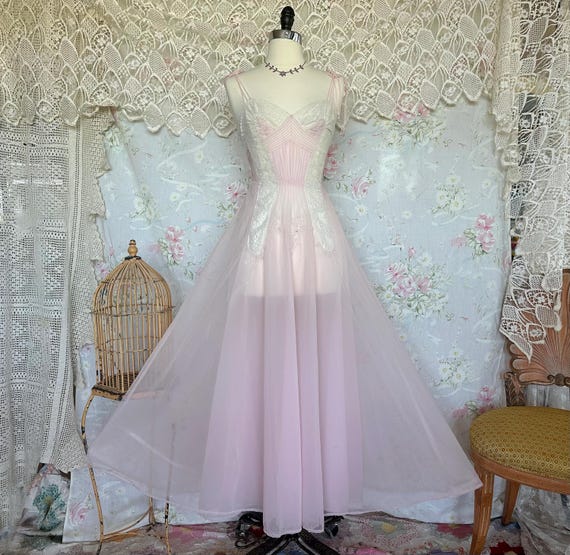Vintage 1940s Pink Lace Pleated Embroidered Slip Dress