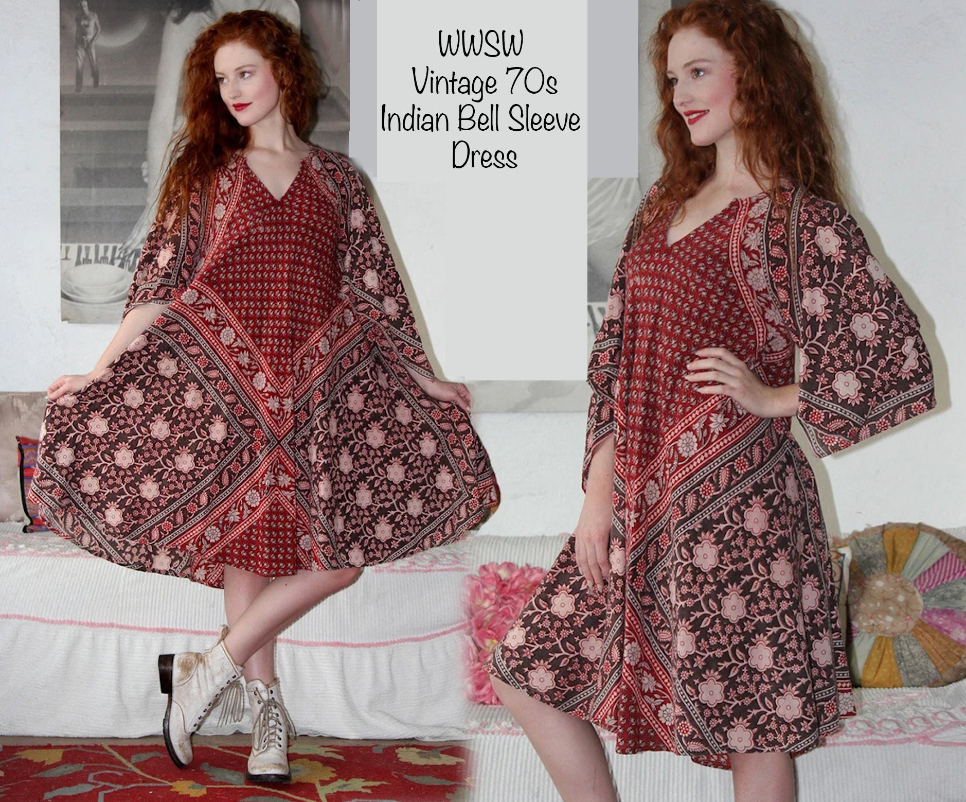 Vintage 70s Indian Print Caftan Dress: Bell Sleeve Mini Dress