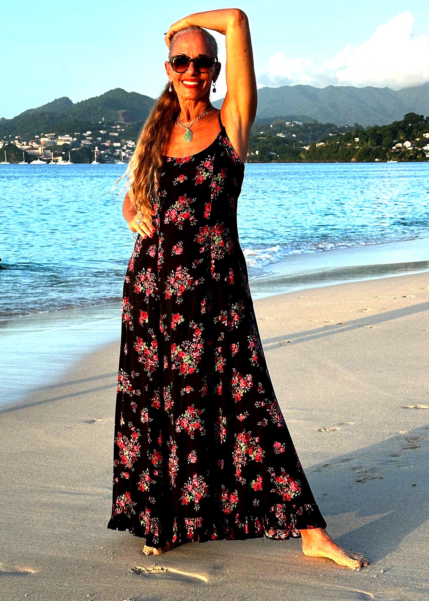 Black Floral Maxi Slip Dress: Rayon Challis, Ruffled Hem, Pockets