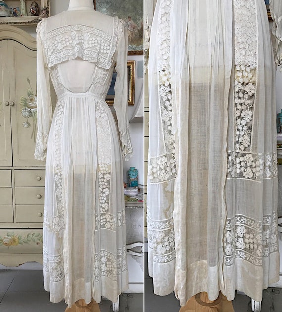 Antique Edwardian Netted Lace Embroidered Dress - image 8