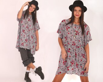 Grey Floral Wide Boho Shift Dress / Grey Floral Top