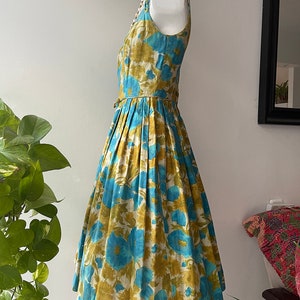 Vintage 1950s Sundress l 50s Turquoise and Gold Spaghetti Strap Fit ad Flare Full Skirt Day Dress image 3