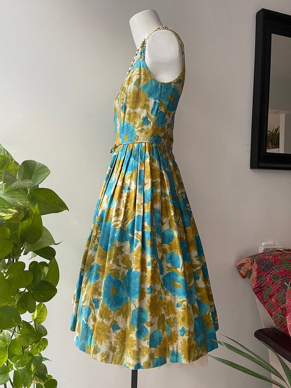 Vintage 1950s Sundress l 50s Turquoise and Gold S… - image 3