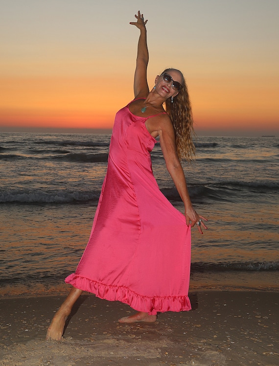 Fuchsia Pink Satin Maxi Slip Dress: Vintage 40s Style