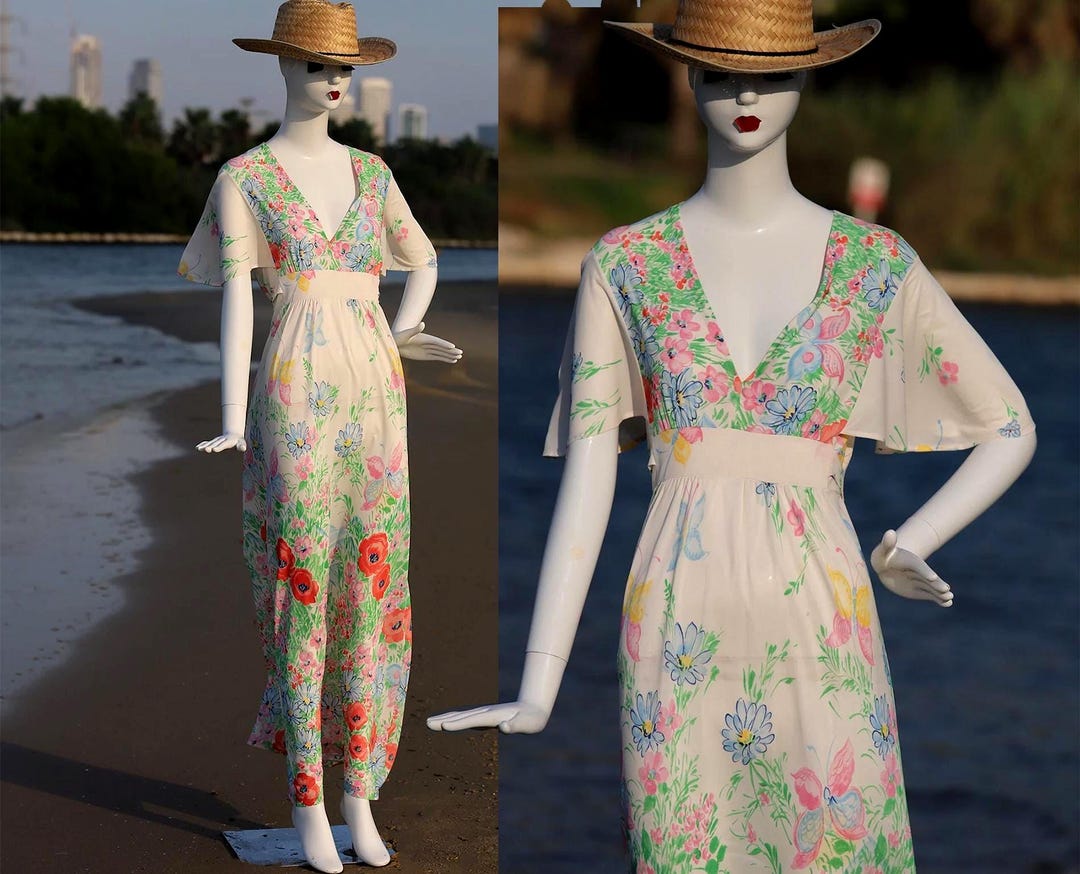 Vintage 70s Floral Maxi Dress: White Bell Sleeve Angel Wing Gown - Etsy
