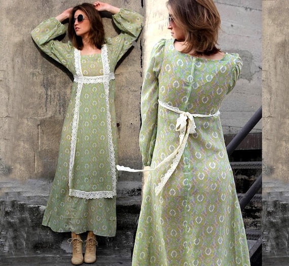 Vintage Jessica McClintock Style Green Ditsy Floral Lace Boho Maxi Dress Vintage Jessica McClintock Style Green Ditsy Floral Lace Boho Maxi Dress