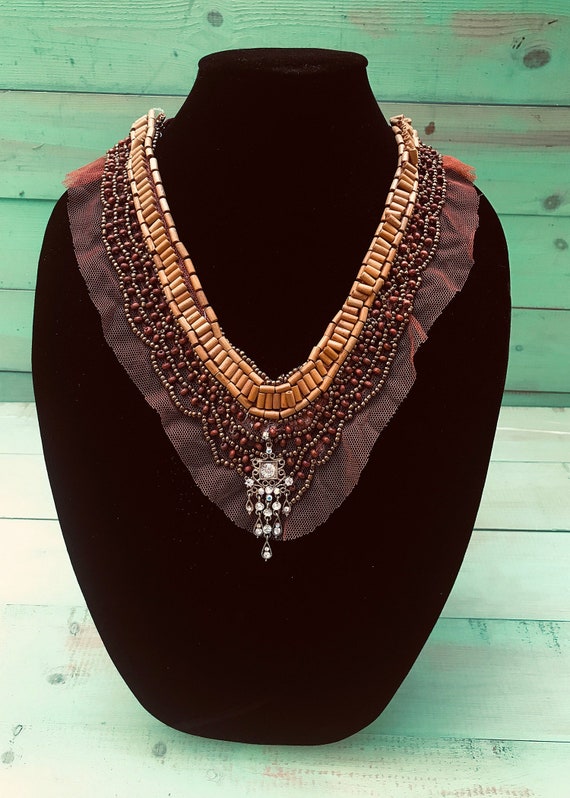 One Of A Kind Brown Netted Lace Rhinestone Beaded 