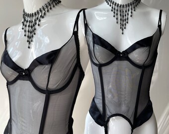 Vintage 80s Sheer Black Underwire Corset Garter Belt , Black Garter Belt