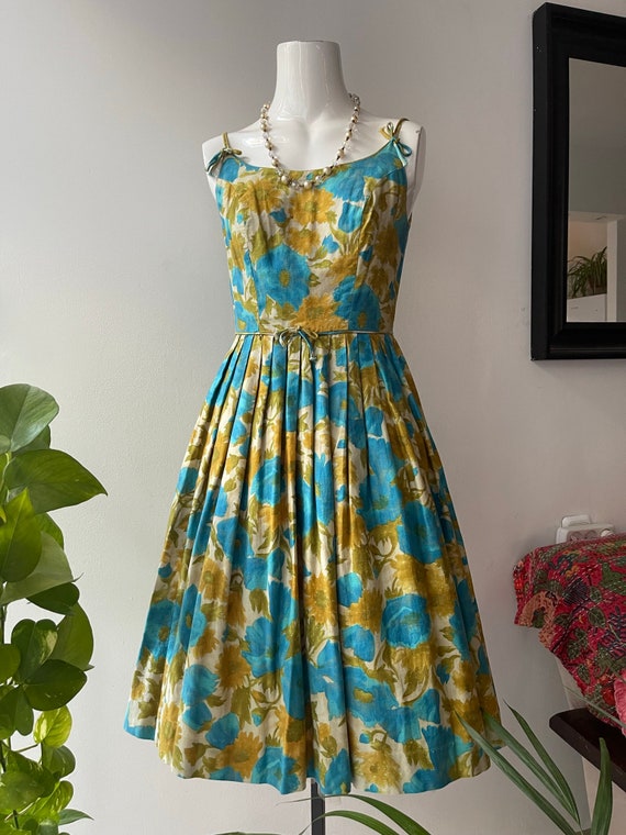 Vintage 1950s Sundress l 50s Turquoise and Gold S… - image 4