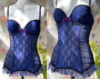 Vintage Royal Blue and Black Victorias Secret Lace Corset 34C