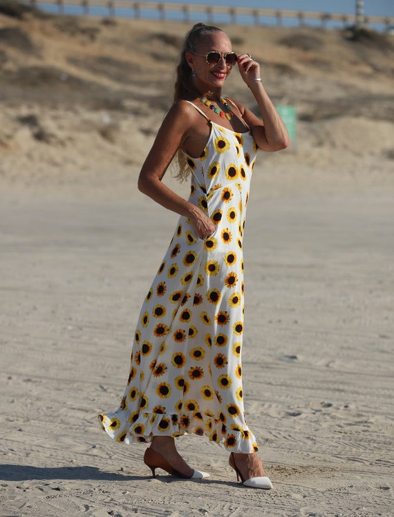 Sunflower Boho Frilly Flare Maxi Dress Floral Sunflower Maxi Dress With Pockets Etsy