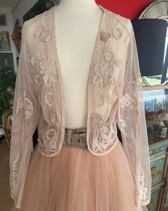 Vintage 1930s Sheer Netted Battenburg Lace Bed Jacket, Pink