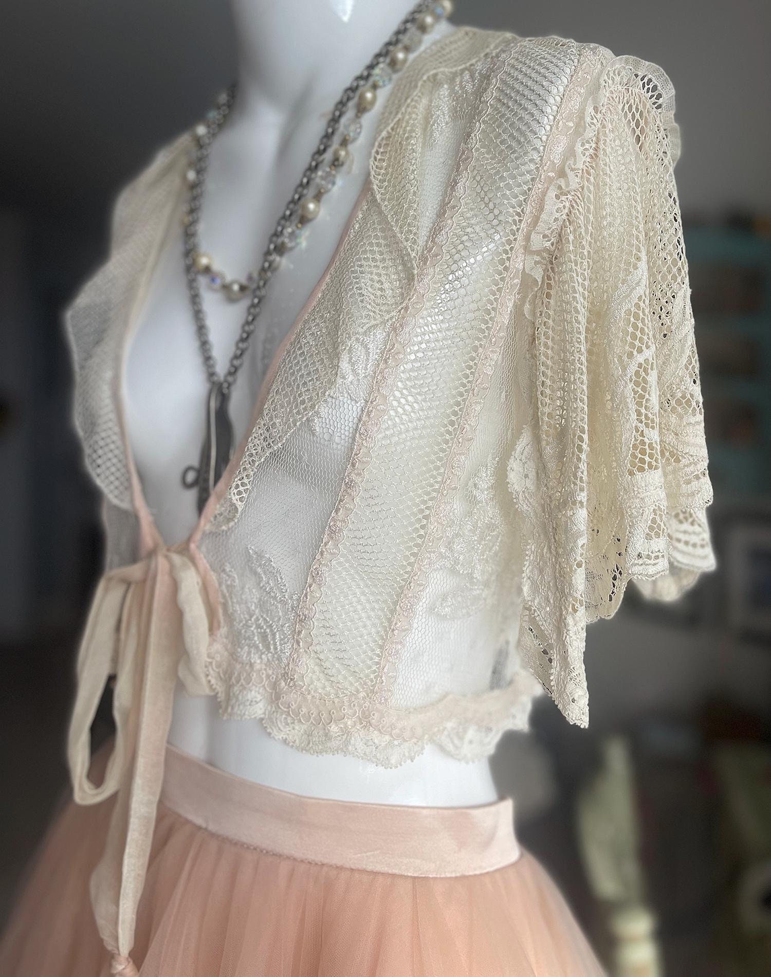 Antique Lace White and Pink Netted Lace Bed Jacket One of A Kind