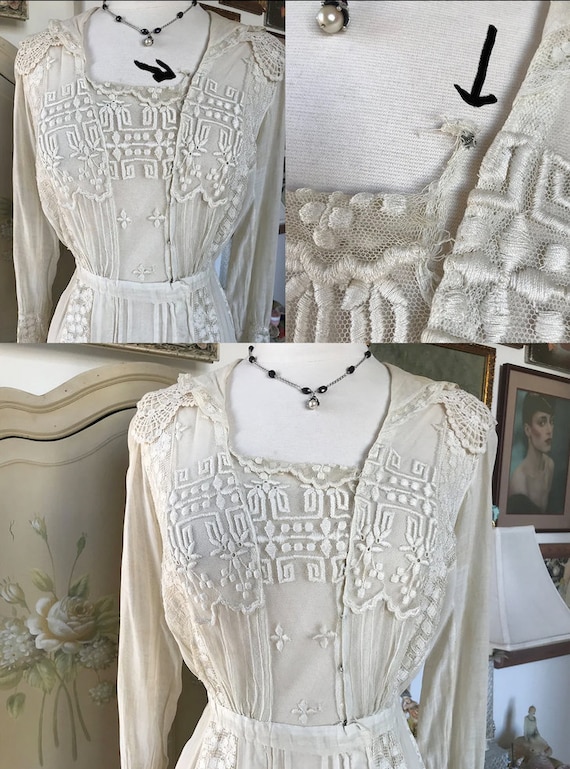 Antique Edwardian Netted Lace Embroidered Dress - image 5