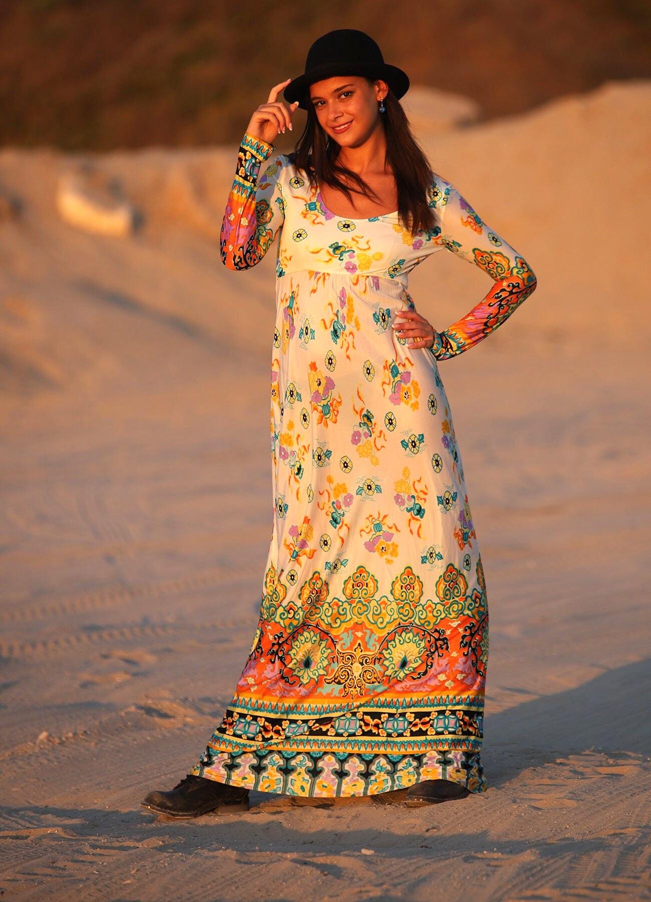 Vintage 70S Psychedelic Floral Long Sleeve Maxi Dress
