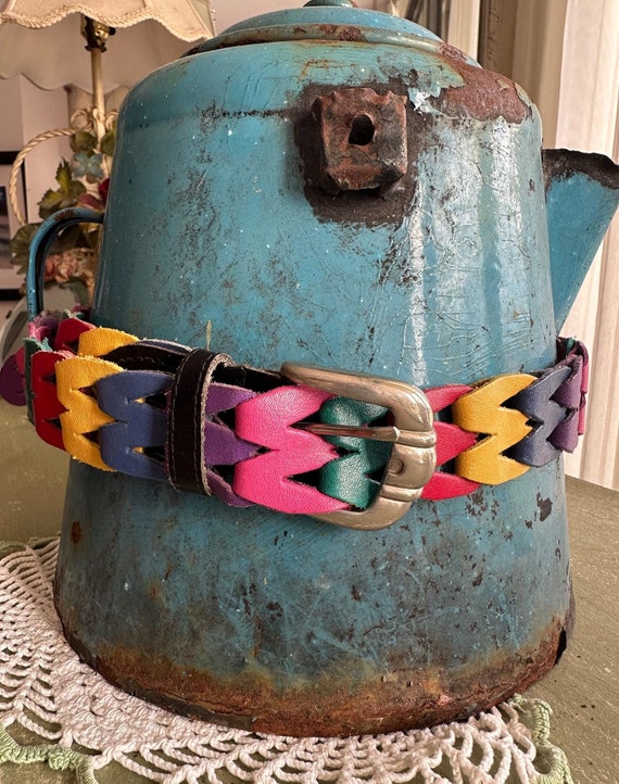 Vintage 80s Rainbow Woven Leather Belt: Multi Color Chain  display picture 1