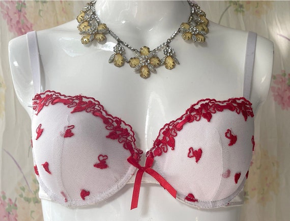 Vintage 80s Red and White Heart Bra 34C, Lightly Lined Bra 