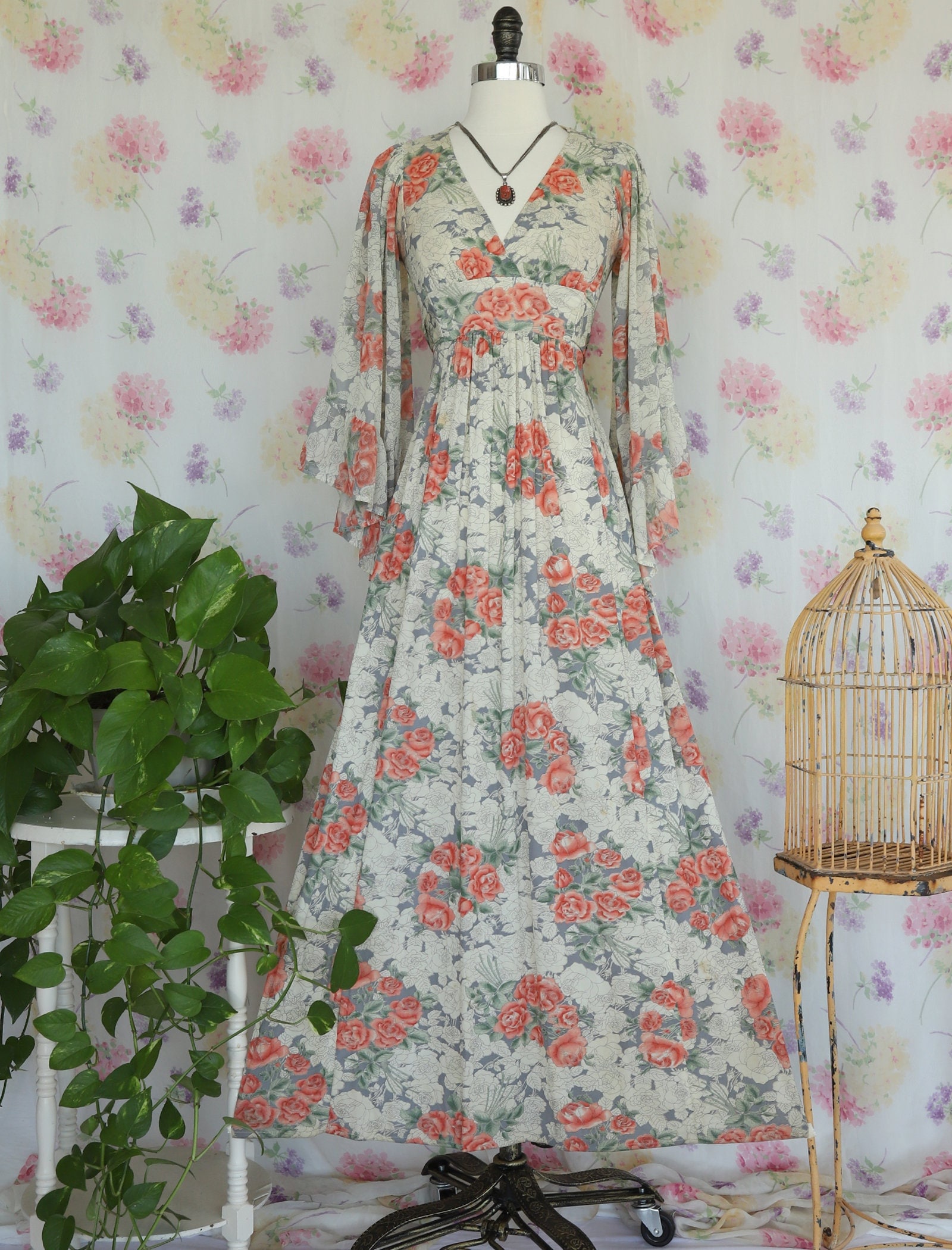 Vintage 70s Floral Bell Sleeve Angel Wing Maxi Dress - Etsy