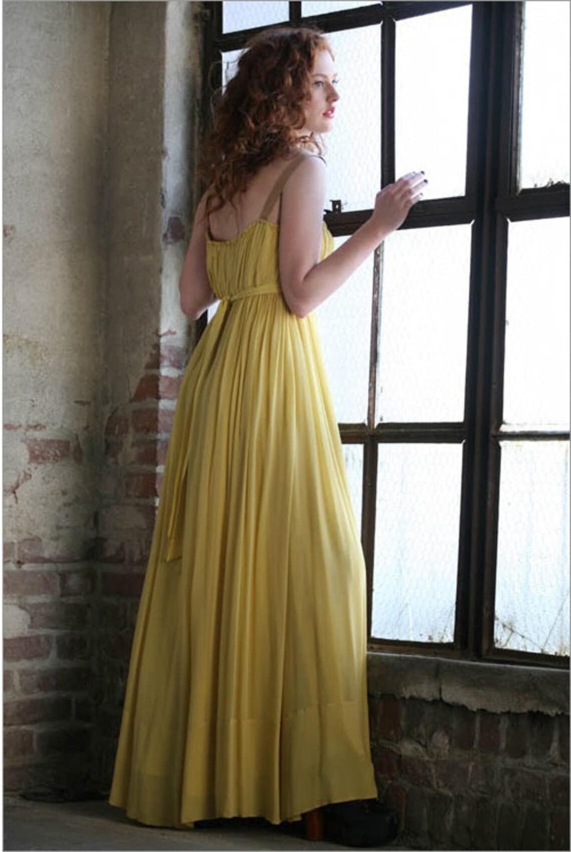 Vintage 90s Silk Yellow Greek Goddess Empire Waist Maxi Dress Vintage 90s Silk Yellow Greek Goddess Empire Waist Maxi Dress