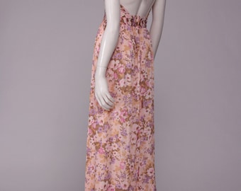 Vintage 70s Pink Floral Halter Maxi Dress: Open Back