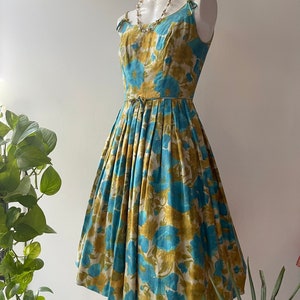 Vintage 1950s Sundress l 50s Turquoise and Gold Spaghetti Strap Fit ad Flare Full Skirt Day Dress image 8