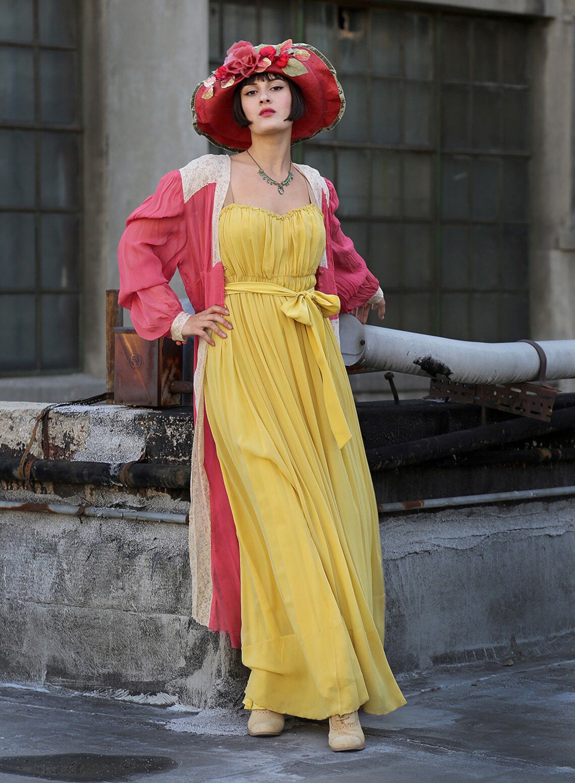 Vintage 90s Silk Yellow Greek Goddess Empire Waist Maxi Dress