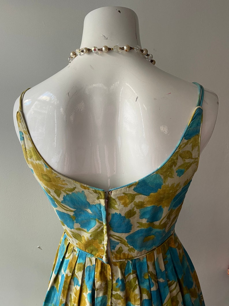 Vintage 1950s Sundress l 50s Turquoise and Gold Spaghetti Strap Fit ad Flare Full Skirt Day Dress image 6