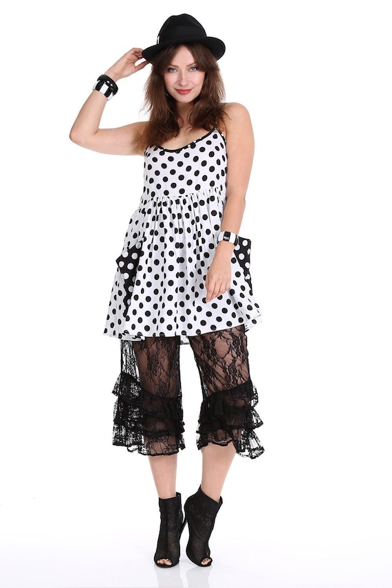 Polka Dot Mini Dress: Black and White Slip Dress with Pockets