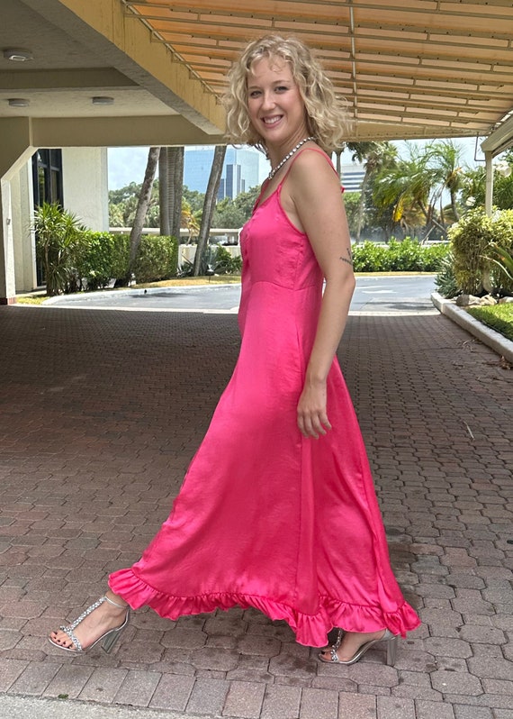 Fuchsia Pink Satin Maxi Slip Dress: Vintage 40s Style Fuchsia Pink Satin Maxi Slip Dress: Vintage 40s Style