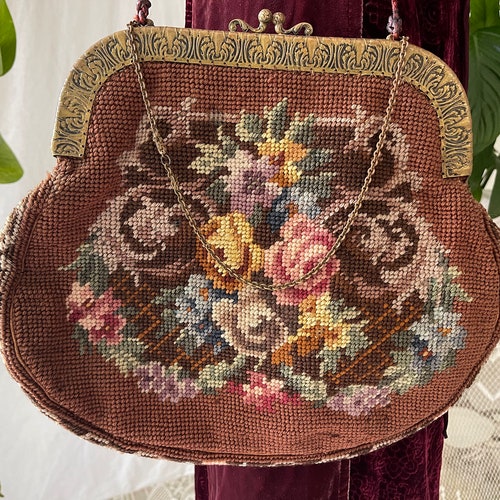 Vintage Large Needlepoint shops Purse, Vintage 50s Needlepoint Bag, Brown Floral Purse