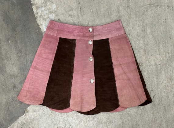 Vintage 70s Suede Two Tone Pink and Brown Suede Mini Skirt - Etsy