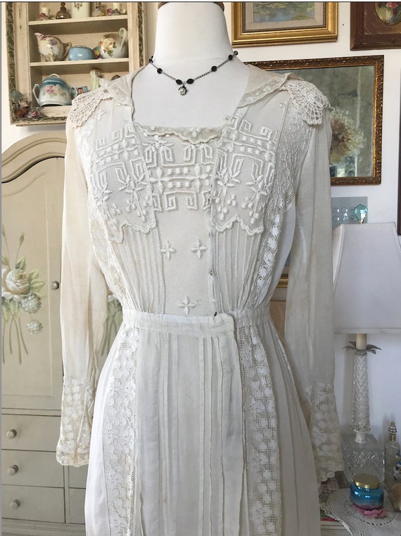 Antique Edwardian Netted Lace Embroidered Dress - image 2