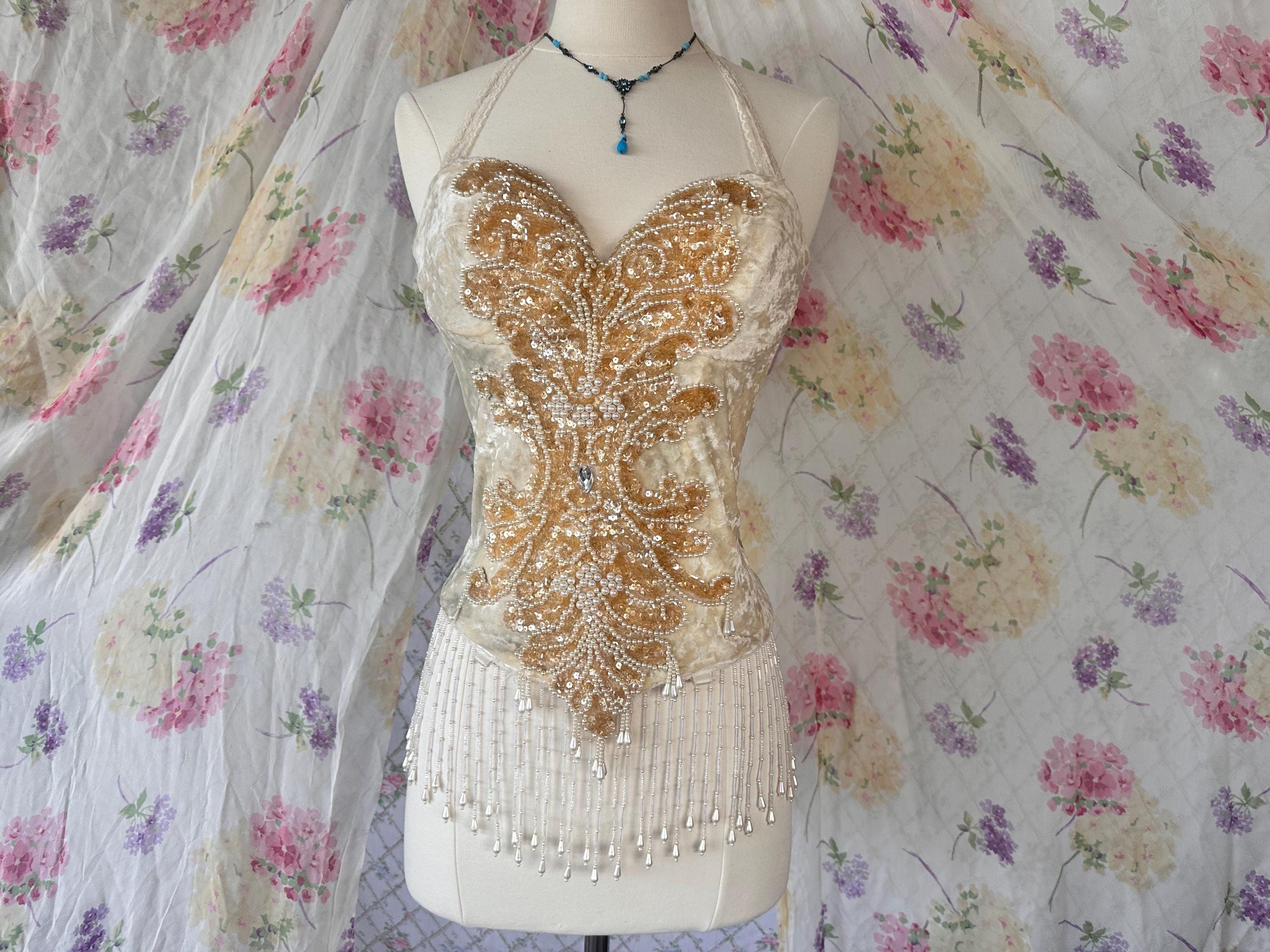 1950s Velvet Show Girl Sequin Beaded Fringed Corset