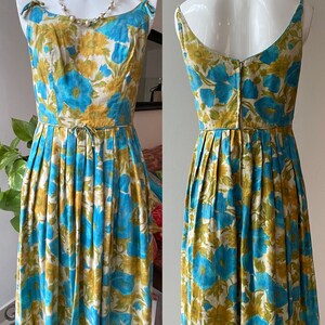 Vintage 1950s Sundress l 50s Turquoise and Gold Spaghetti Strap Fit ad Flare Full Skirt Day Dress image 5