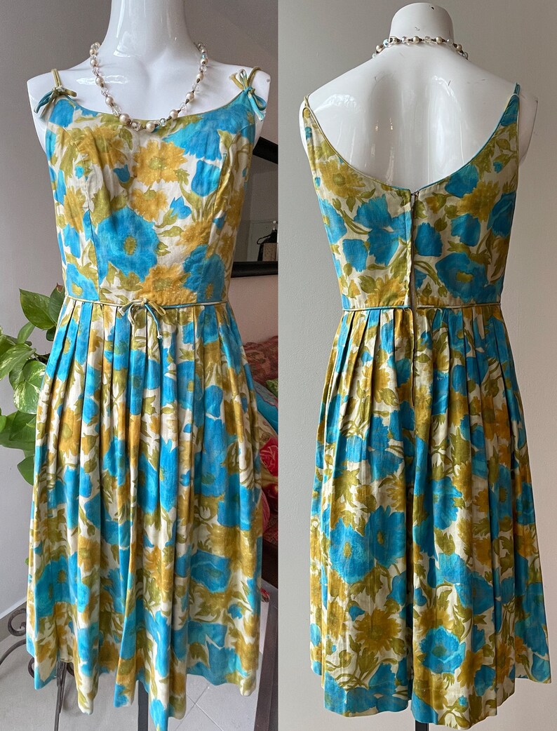 Vintage 1950s Sundress l 50s Turquoise and Gold Spaghetti Strap Fit ad Flare Full Skirt Day Dress image 5